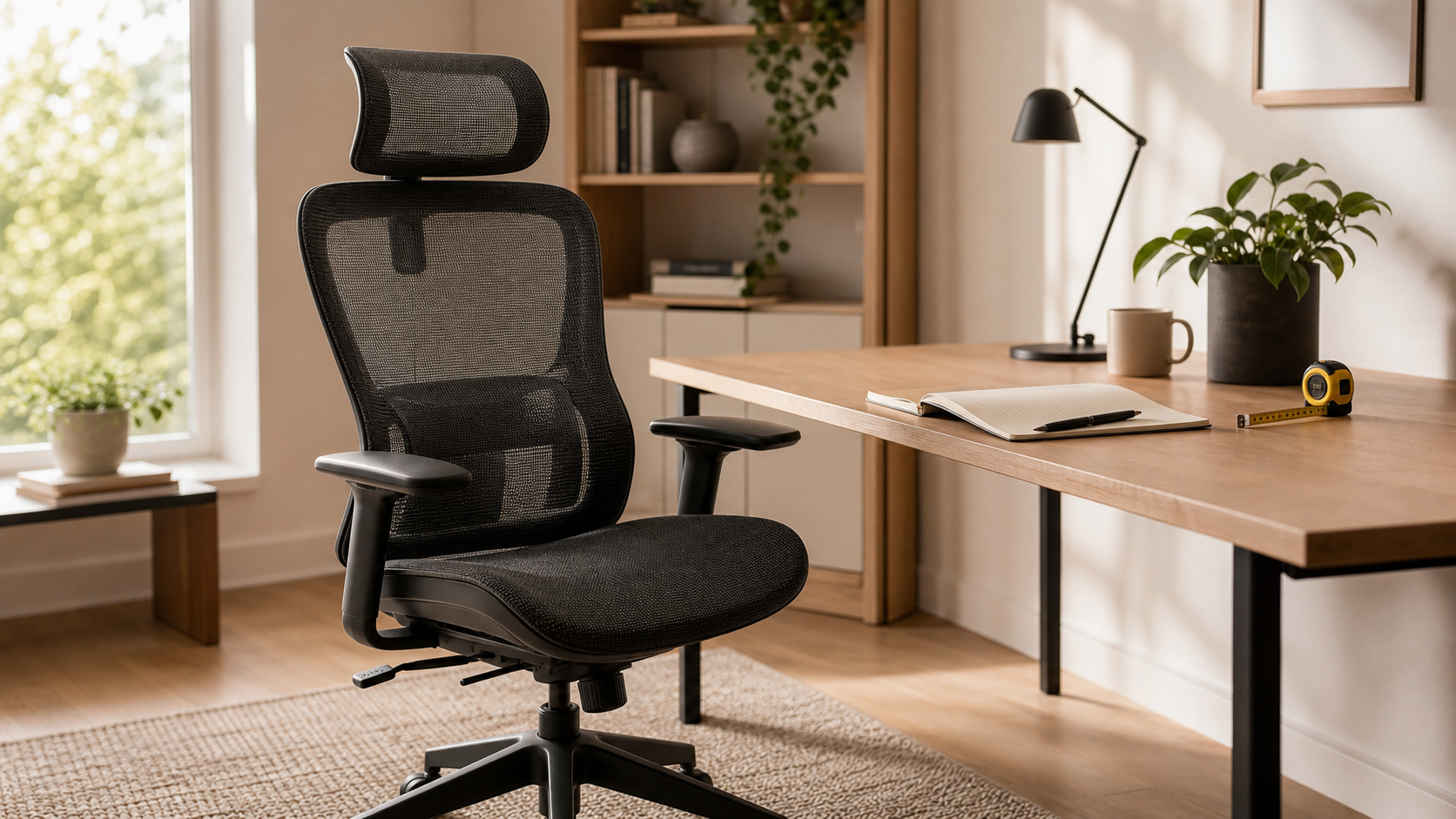 Illustrative home-office scene with an unbranded ergonomic office chair, desk, notebook, and measuring tape.