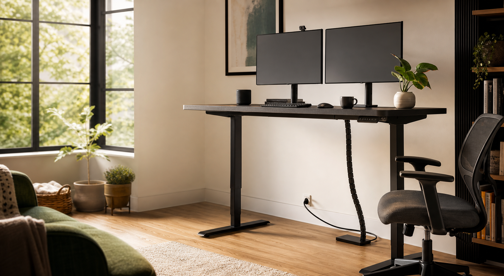 Illustrative unbranded home-office workspace with two monitors and a standing desk