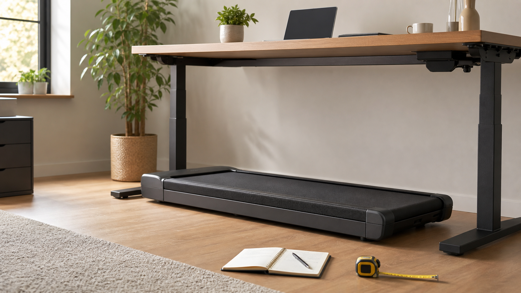 Illustrative home-office scene with an unbranded walking pad beneath a generic standing desk, notebook, and measuring tape.