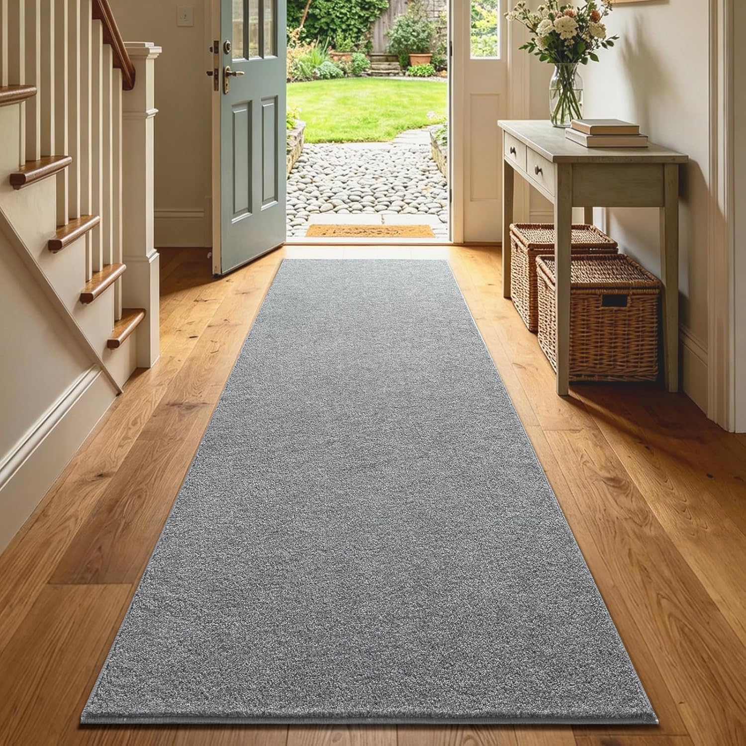 Grey Washable Low-Pile Runner Rug